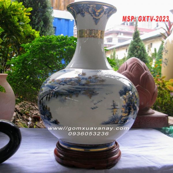 Bình gốm vẽ vàng phong cảnh làng quê