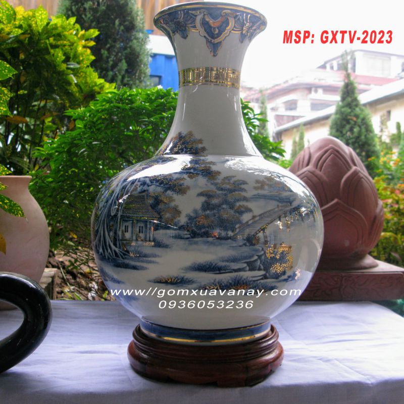 Bình gốm vẽ vàng phong cảnh làng quê