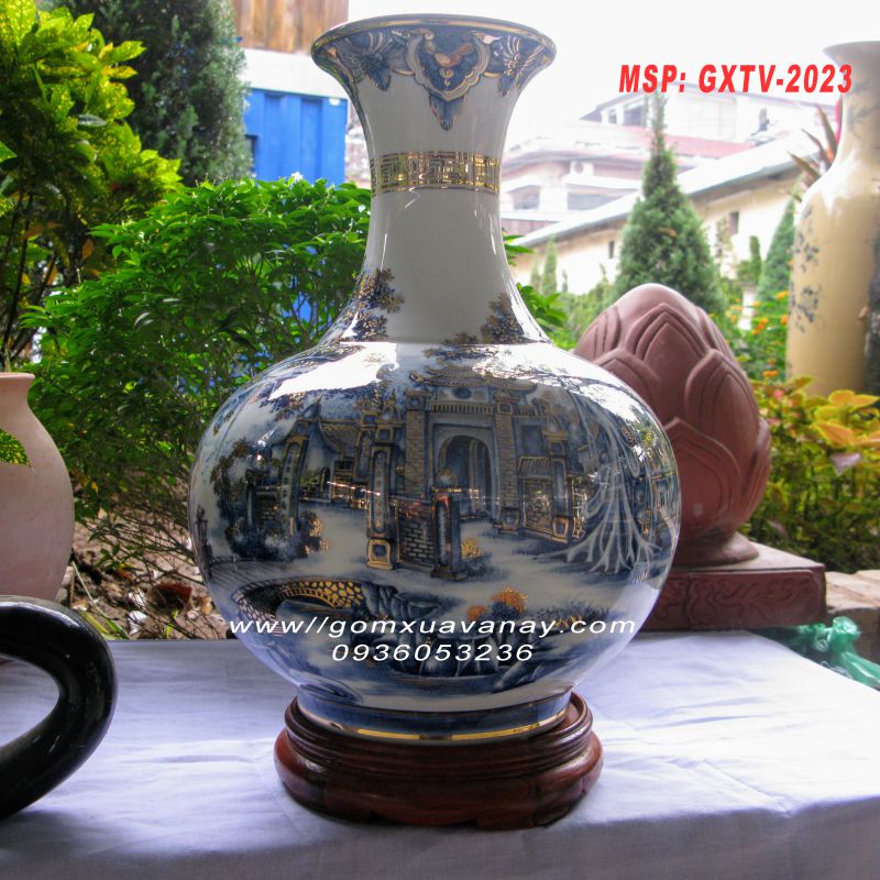 Bình gốm vẽ vàng phong cảnh làng quê