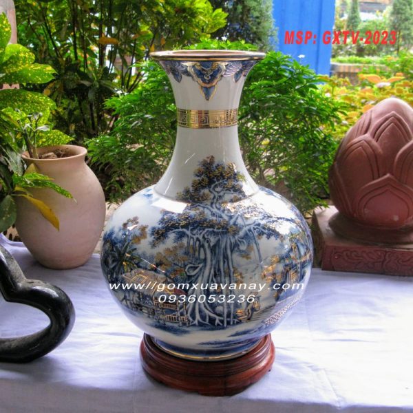 Bình gốm vẽ vàng phong cảnh làng quê