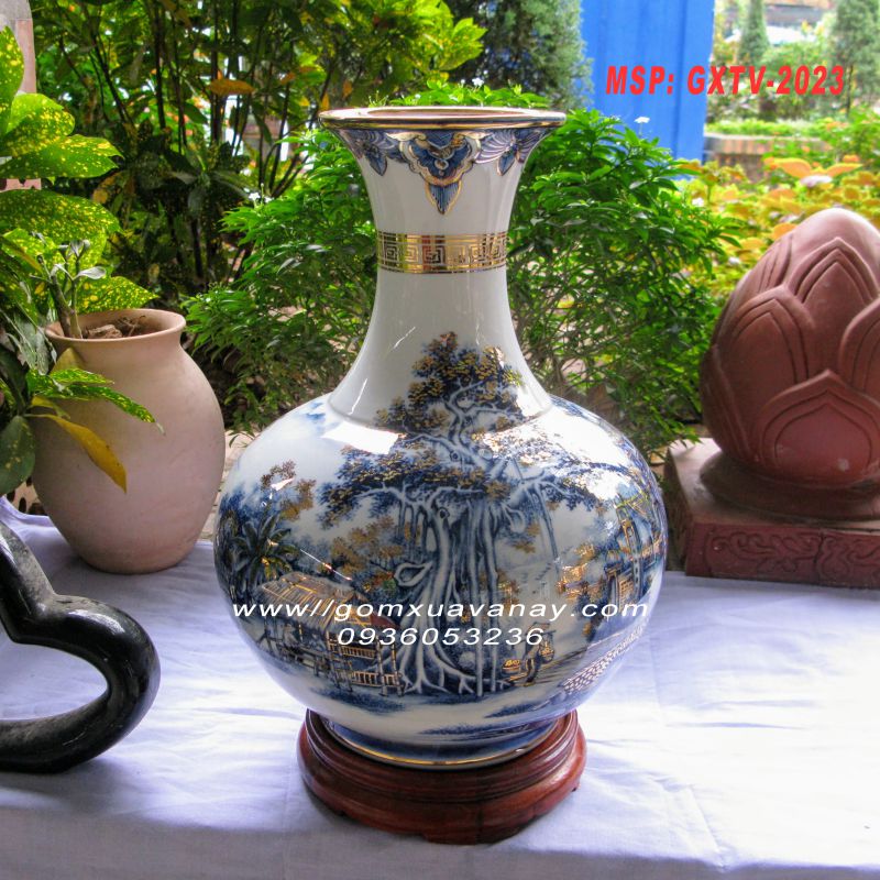 Bình gốm vẽ vàng phong cảnh làng quê