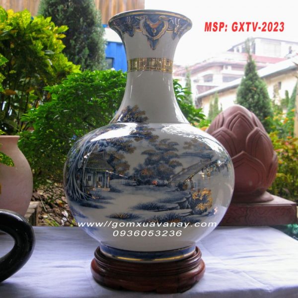 Bình gốm vẽ vàng phong cảnh làng quê
