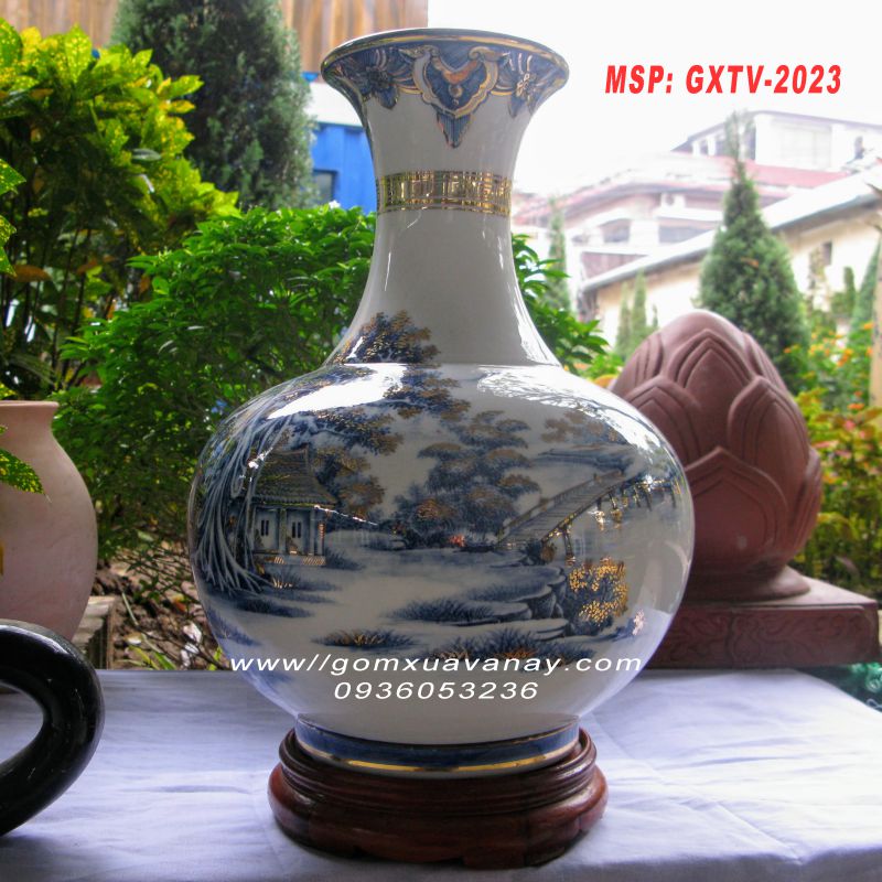 Bình gốm vẽ vàng phong cảnh làng quê