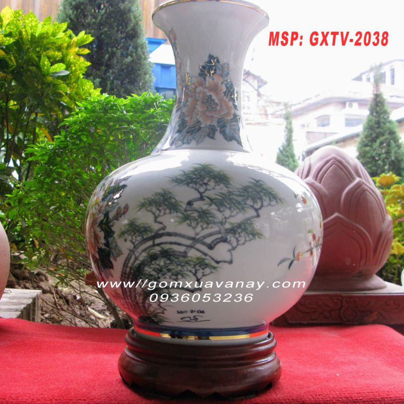 Bình gốm vẽ vàng hoa mẫu đơn-gốm Xuân Lộc Thọ