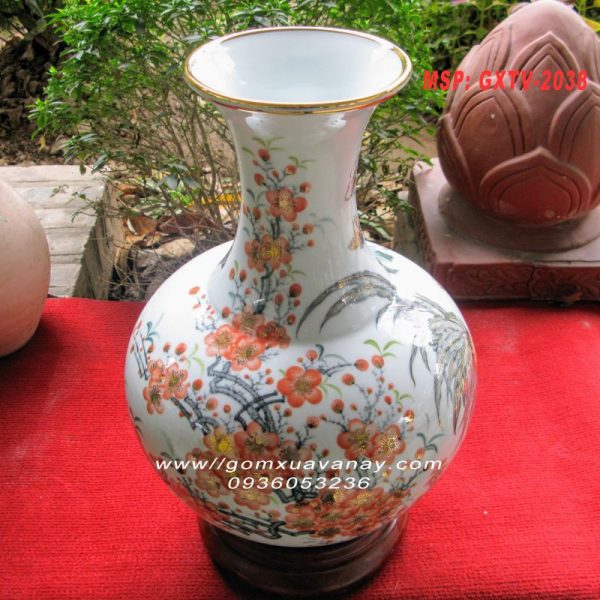 Bình gốm vẽ vàng hoa mẫu đơn-gốm Xuân Lộc Thọ