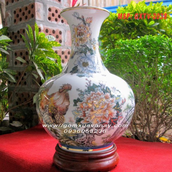Bình gốm vẽ vàng hoa mẫu đơn-gốm Xuân Lộc Thọ