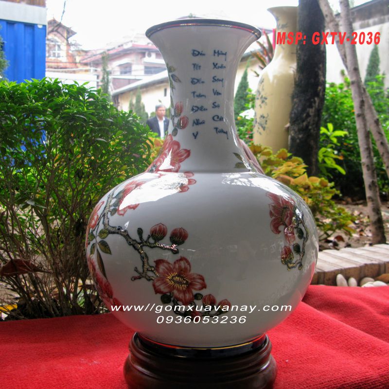 Bình gốm vẽ vàng hoa gạo-gốm Xuân Lộc Thọ