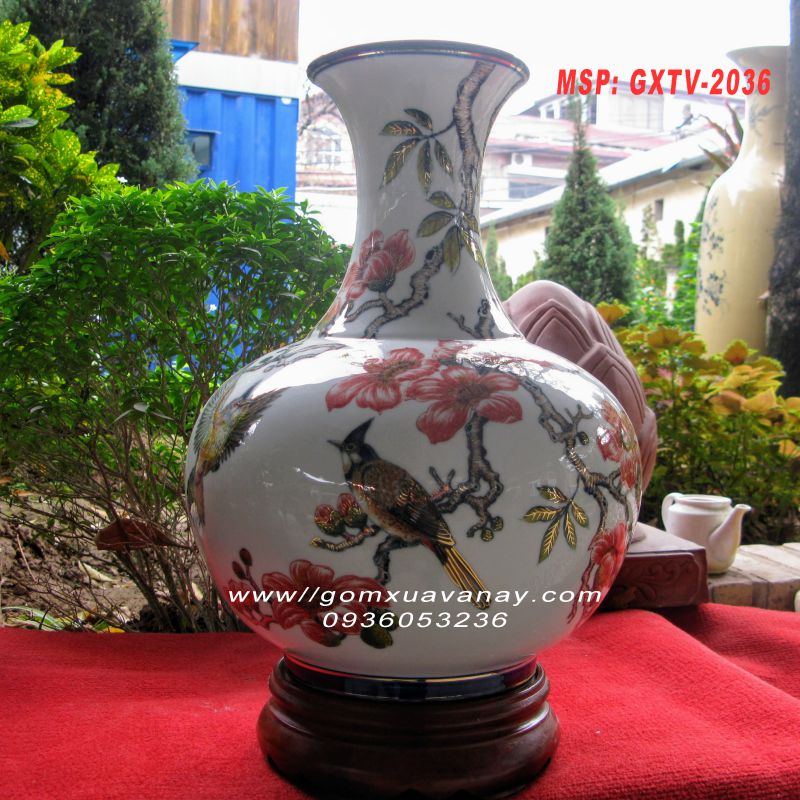 Bình gốm vẽ vàng hoa gạo-gốm Xuân Lộc Thọ