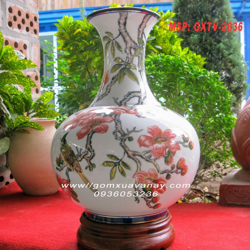 Bình gốm vẽ vàng hoa gạo-gốm Xuân Lộc Thọ