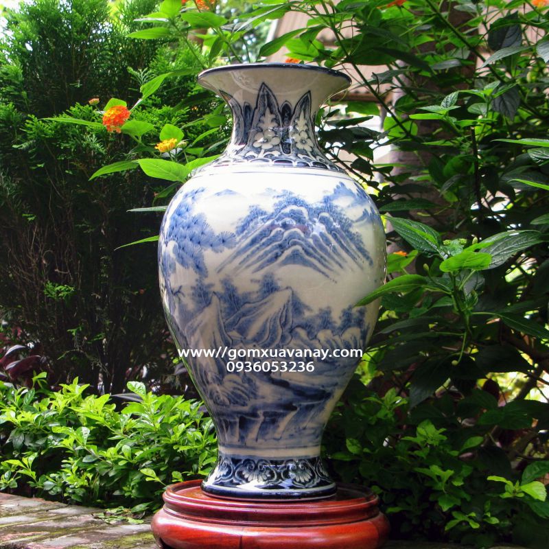 Lọ gốm đùi dế họa tiết sơn thủy